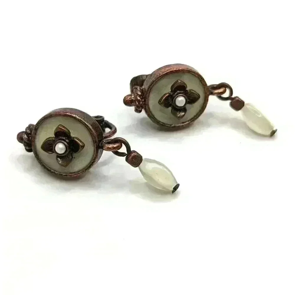 Nina Ricci for AVON Vintage Cream Brass Enamel Clip-on Earrings Women Jewelry NR